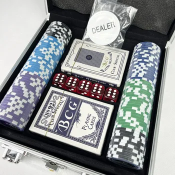 100 БРОЯ Чипове за покер Texas Hold ' em Премия Казино Комплекти Чипове за Покер с Алуминиев корпус, 5 Кубчета и 2 Игральными карти