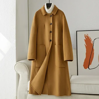 2022 Есен/Зима, Нова Корейска версия, Двустранно Кашемировое палто, Женствена Вълна палто със средна дължина, Висок клас В стил Хепбърн