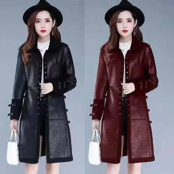2023, нова стилно яке от изкуствена кожа, за жени, топло утолщенное дълга козина, дебнещ палто