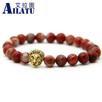 Ailatu, 10 бр /лот, мъжки бижута на едро, 8 мм, страстен червен камък гривна с глава на лъв цвета на античното злато, безплатна доставка