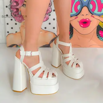 BONJOMARISAPlatform/ летни сандали на високи токчета, дамски модни обувки с двойна подметка за офис партита, обувки луксозен дизайн