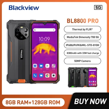 Blackview BL8800 Pro 5G Издръжлив и Водоустойчив Телефон Термични 50-Мегапикселова Камера С 6,58-инчов Дисплей за Смартфони, 8 + GB 128 GB 8380 ма NFC