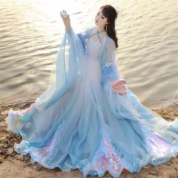 Hanfu Женствена рокля размер плюс на древното китайско рокля Hanfu женски костюм FairyCosplay сценичното рокля за танци Лятна рокля Hanfu наклон син цвят