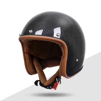 KEAZ плътен черен ретро въглеродни влакна 3/4 мотоциклетни каски с открито лице Ретро каска за мотопеди за мъже и жени, одобрен от DOT