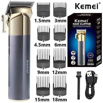 Kemei Алуминиев безжична електрическа машинка за подстригване за коса за мъже, регулируема машинка за оформяне на брада, машина за подстригване на коса, акумулаторна машина за рязане