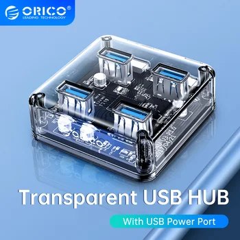 ORICO 4-Портов за Високоскоростен USB3.0 Прозрачен хъб интерфейс за захранване и Micro USB Подходящ за Macbook, Mac, Linux и Chrome OS