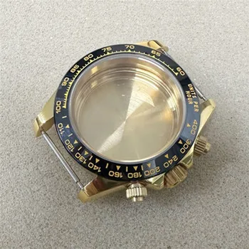 PVD gold черен корпус, 39 мм, сапфирен огледало, корпус часа от неръждаема стомана и каишка за часовник за VK63, кварцов механизъм, аксесоари за часовници
