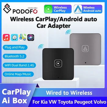 Podofo Carplay Ai Box Android Автоматична безжична гледане на за VW Audi Toyota Honda Силен глас помощник WiFi, Bluetooth