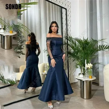 SONDR тъмно сини сатенени вечерни рокли на Русалка с открити рамене, елегантна рокля за бала в арабския Дубай, дълги рокли за официални събития