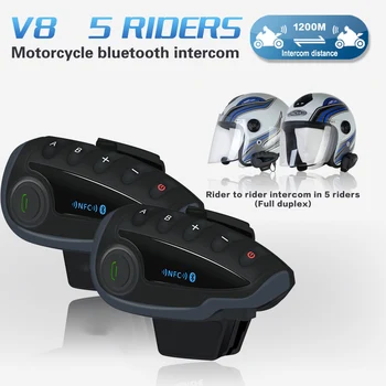 V8 1200 М FM Bluetooth Домофонна система Мотоциклет Шлем Заседателна Слушалки Поддръжка на NFC Дистанционно Управление, Пълен Дуплекс За Група От 5 Състезатели