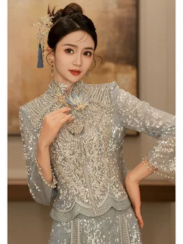 Булката е в китайски стил, ново beading, Чонсам, блестящи сини пайети, сватбена рокля, дрехи за тостер