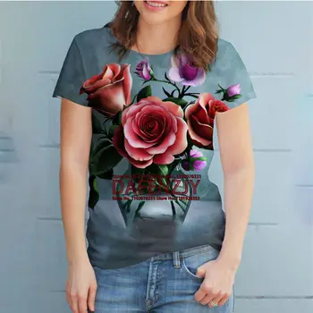 Дамски тениски за момичета с цветя, 3D принтом рози, графична тениска, летни модни ежедневни улични блузи с къс ръкав, тениски