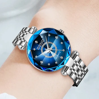 Дамски часовник с кристали 2023 луксозна марка, водоустойчив, сребристо-сини, от неръждаема стомана, елегантни дамски ръчни часовници Relogio Feminino