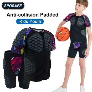 Детска младежта защитно яке за гърдите и къси панталони с подплата с независим противоударным блок, высокоэластичная футболна тениска с подплата