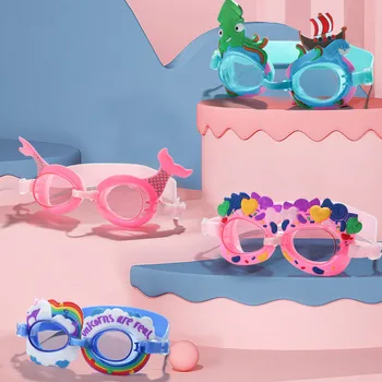 Детски плувни очила с висока разделителна способност, плоски, леки, водоустойчиви, фарове за плувни очила за момчета и момичета, сладък cartoony силикон