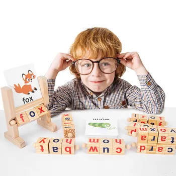Дървени блокове за четене, игри с правописа с флаш карти, образователна играчка за азбуката