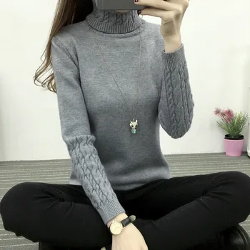 Есенно-зимния пуловер с висока воротом в корейски стил, дамски чанти тънък пуловер, женски модерен пуловер вязаный