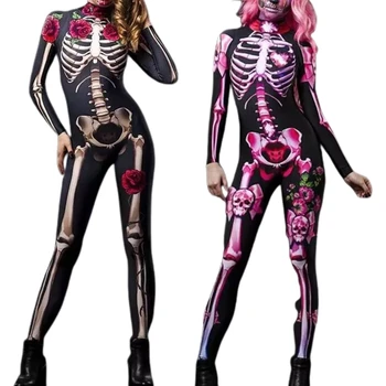 Жена гащеризон с принтом скелета, 3D еластично боди, костюм за cosplay на Хелоуин, гащеризон с черепа, подарък за възрастни, юноши