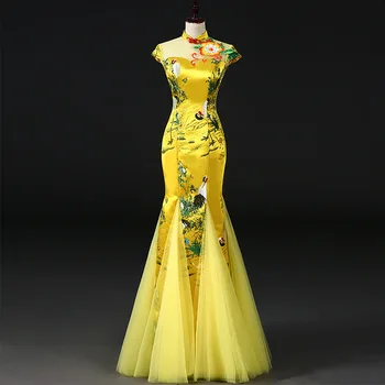 Жълт женски сватбен чонсам в китайски стил, ретро секси коварен вечерна рокля за парти, сватбената рокля Qipao, една модерна женствена рокля, S-3XL