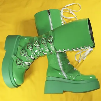 Зелени зимни обувки-лодки, дамски зимни обувки на танкетке от лачена кожа, дантела, зимни ботуши до коляното, дамски модни обувки с кръгло бомбе, ежедневни обувки