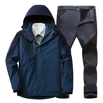 Зимни мъжки ски яке за къмпинг, панталон 2 в 1, руното ветровка с температура от 0 ° C, спортно яке за трекинг, палто и панталони