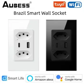Интелигентно гнездо на Hristo WiFi, Бразилия, независим интерфейс USB Type-c, дистанционно управление на умен дом от закалено стъкло чрез Алекса Google Home