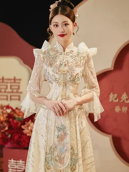 Китайската традиционна облекло за изпичане на булката, сватбена рокля, секси рокля, тънката златна вечерна рокля Рокля, халат за ориенталски костюм
