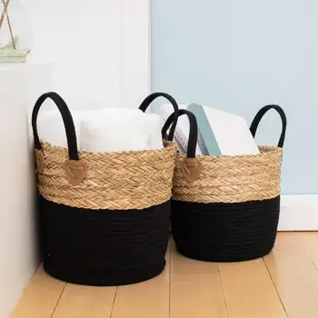 Комплект от 2 кръгли кошници за съхранение, захарна тръстика, водорасли и памучни въжета (+ MD), естествена и черна