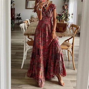 Лятна дълга рокля в бохемски стил, Ретро цветен принт, с висока талия, плиссированный подгъва, елегантна жена ежедневното рокля трапецовидна форма