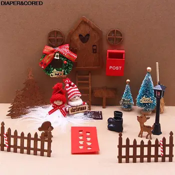 Мини кукла къща, вратата на елф, Коледна декорация, имитация на светлата част на шнура, шапка, венец, дърво, подаръчни кутии, страхотна играчка къщичка, умален модел на сцената
