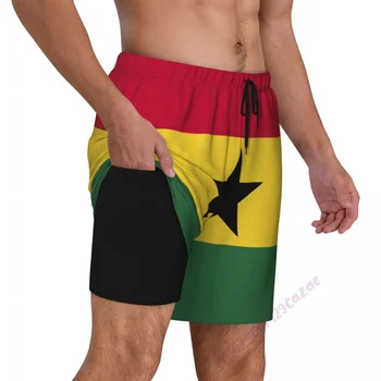 Мъжки бански с 3D изображение на хартата на Гана с компрессионной подплата, бързо съхнещи летни шорти за плуване 2 в 1 с джобове
