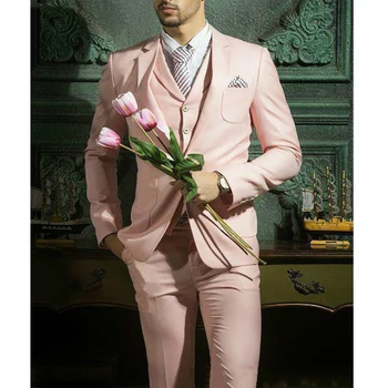 Нов, Красив Розов Комплект от 3 теми, Мъжко Сватбена Рокля Terno Masculino, Модерен, Мъжки Костюм, Индивидуален Цвят, Размер