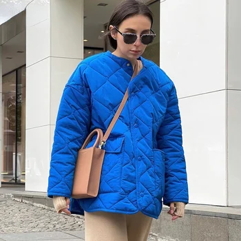Нова дамски топло модни однобортная ежедневни свободна син памучен яке с кръгло деколте 2022, есен-зима