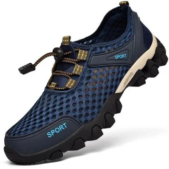 Нова лятна мъжки туризъм обувки от окото на материала, дишаща устойчива на плъзгане блатни обувки, улични маратонки за бягане, обувки за ходене