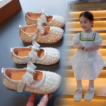 Новата Пролетно-Есенна обувки на Принцесата за малки момичета, Детски Модни Обувки с лък и пайети, Кожени Детски Обувки, Вечерни Студентски Обувки На плоска подметка