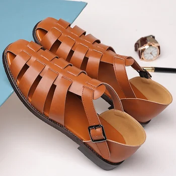 Нови мъжки сандали, летни улични нескользящие дишащи мъжки сандали в римски стил от изкуствена кожа, меки сандали на равна подметка, плажни обувки, големи размери 38-48