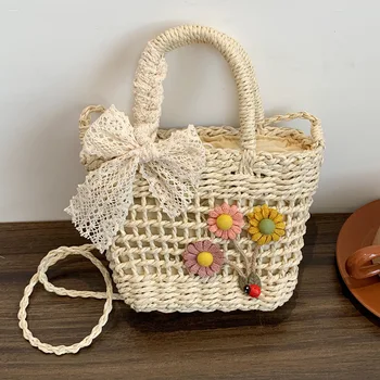 Новост 2023 г., дамски сламена чанта-месинджър с флорални лък, портмонета и чанти, плажни чанти, за пазаруване и за млади момичета