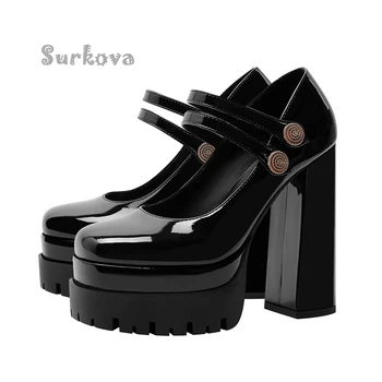Обувки от лачена кожа на платформа и дебел ток, черни обувки-лодка с квадратни пръсти и двоен обтегач, женски обувки в стил 