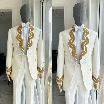 Официален комплект мъжки костюми от 2 теми, златни мъниста, бяла сватбена смокинг за младоженеца-сако + панталон, сшитое на поръчка рокля за бала, палто за парти, яке