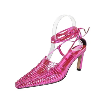 Плетени сандали за жени, новост 2023 г., лятна ниша, обувки на висок ток с тънка кухини, римски каишка с квадратни пръсти M99-1