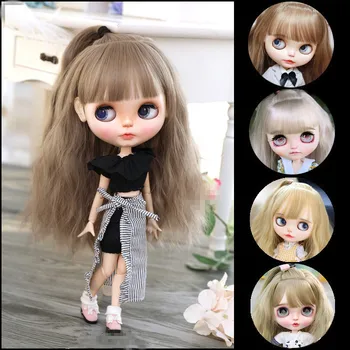 Прическа-имитация на кукла Blythes подходящ за стилни универсална бретон 1/6 размер с дълги коси, събрани в един опашката тъмно кафяво и черно