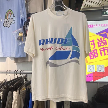 Тениска с принтом яхта RHUDE, висококачествени ежедневни свободна памучен тениска с кръгло деколте и къси ръкави