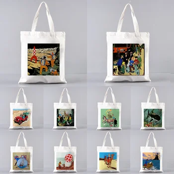 Чанта-тоут с принтом Tintin, модни забавно пазарска чанта на рамото, сладки холщовые чанти на стил харадзюку, дамски чанти-незабавни посланици голям капацитет, хладно портфейл