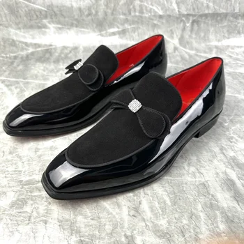 Черни мъжки обувки от лачена кожа, лоферы с пеперуда в италиански стил, мъжки модел обувки без скрепителни елементи, ръчно изработени, вечерни и сватбени обувки
